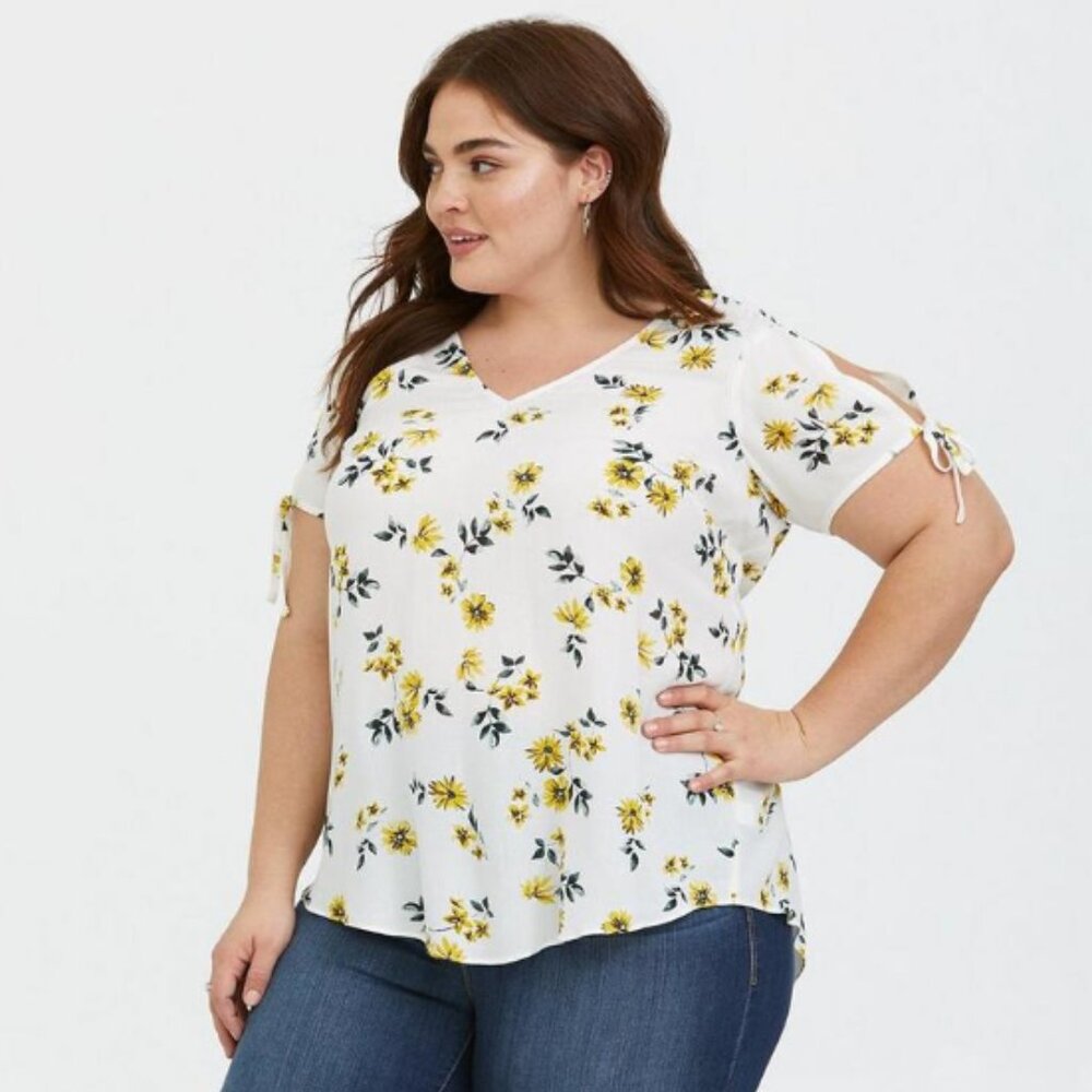 TORRID YELLOW FLORAL RAYON CREPE TIE SLEEVE TOP